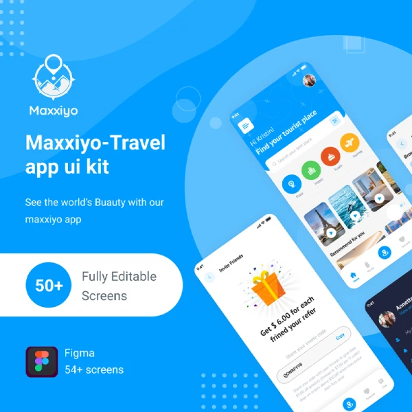 54屏蓝色简约旅游出行应用ui设计套件 Maxxiyo-Travel app ui kit