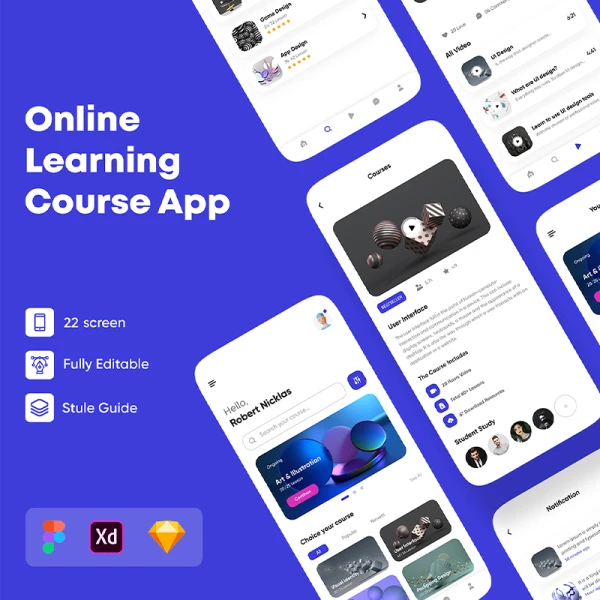 22屏在线学习网络课程应用UI设计套件 Online learning course app