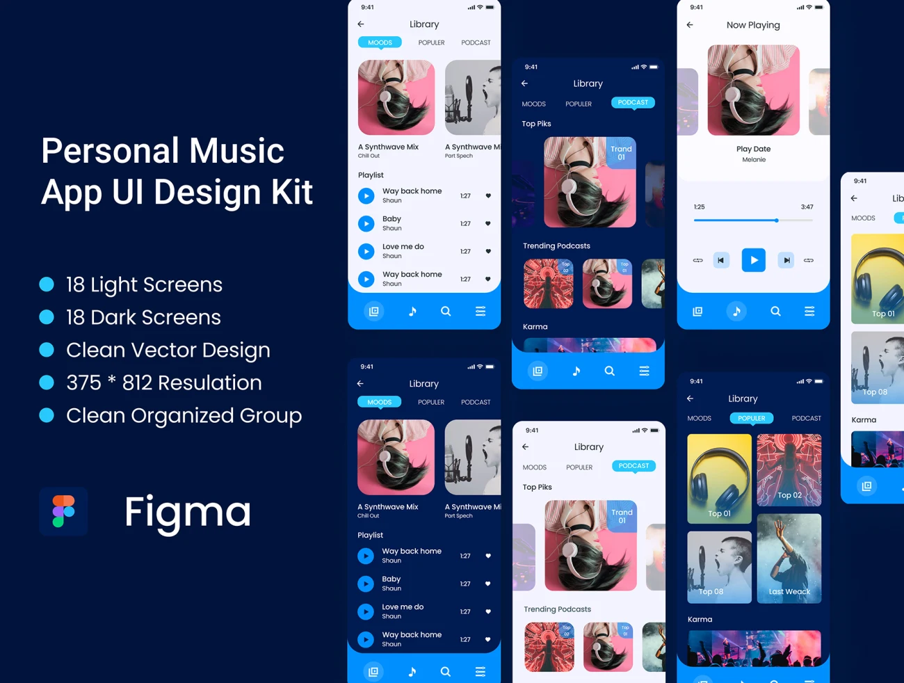 3屏质感音乐播放器iOS应用UI设计套件明暗模式 Personal Music Palyer App iOS UI Design Kit Pe-UI/UX、ui套件、主页、卡片式、应用、播放器、着陆页、表单、详情-到位啦UI