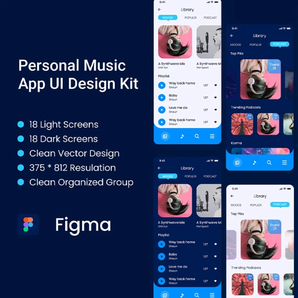 3屏质感音乐播放器iOS应用UI设计套件明暗模式 Personal Music Palyer App iOS UI Design Kit Pe