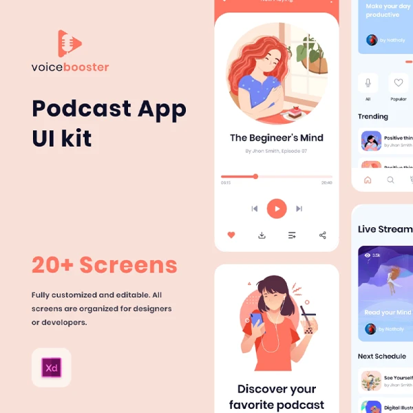 20屏播客应用UI设计套件 Podcast App UI kit Adobe Xd UI kit