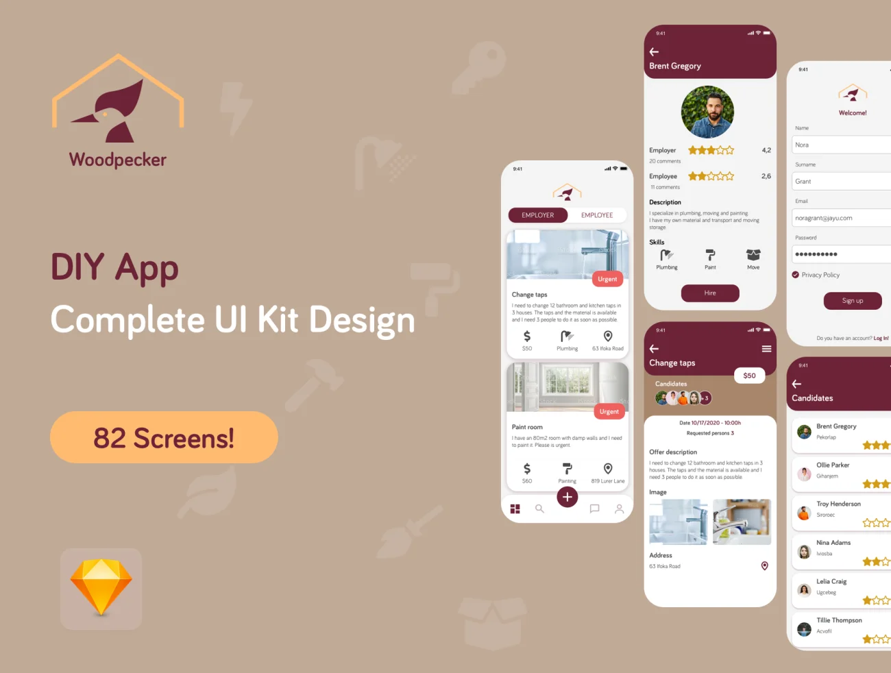 82屏手工DIY社区应用程序UI套件设计 Woodpecker App UI Kit Design插图1