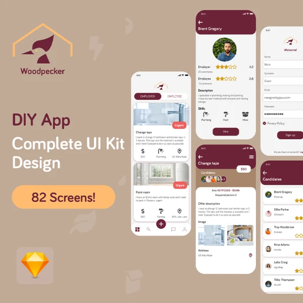 82屏手工DIY社区应用程序UI套件设计 Woodpecker App UI Kit Design