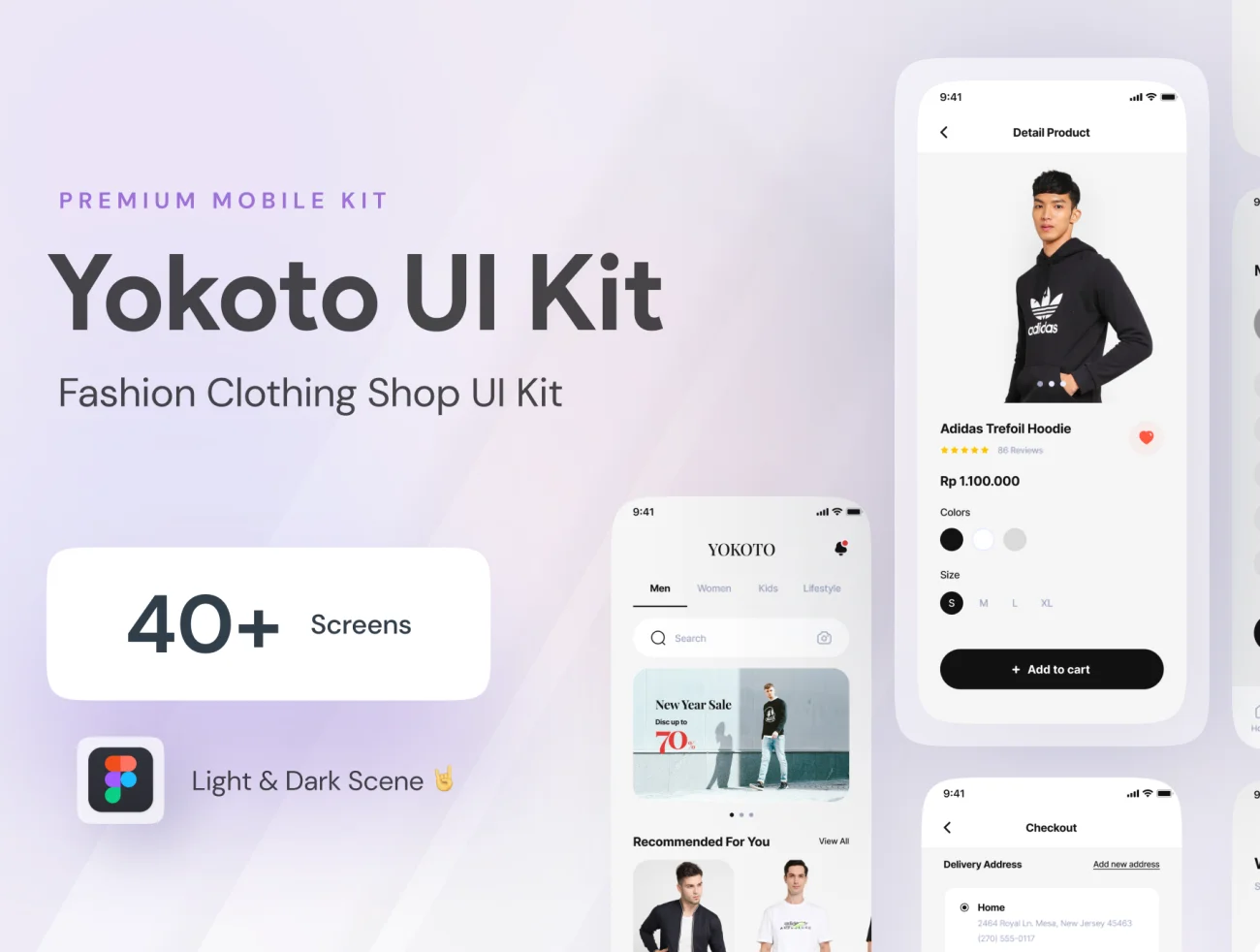 40屏时尚服装商店iOS应用UI套件 Yokoto - Fashion Clothing UI Kit-UI/UX、ui套件、主页、付款、博客、卡片式、应用、引导页、网站、网购、详情-到位啦UI