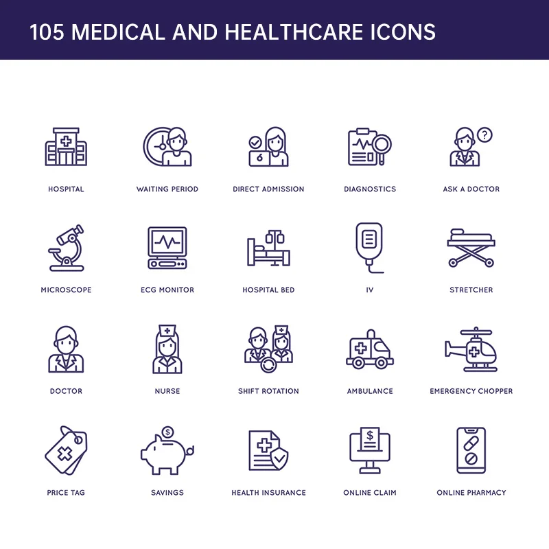 105个医疗卫生保健线性图标 105 Medical and Healthcare Icons  Line Series缩略图到位啦UI