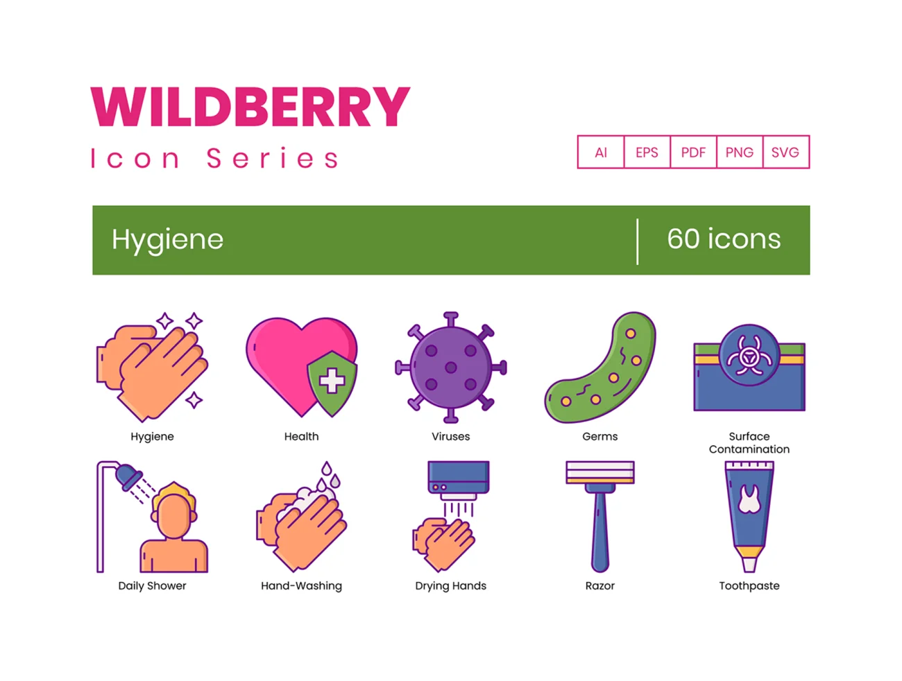60个医疗保健卫生护理图标 60 Hygiene Icons  Wildberry Series插图1