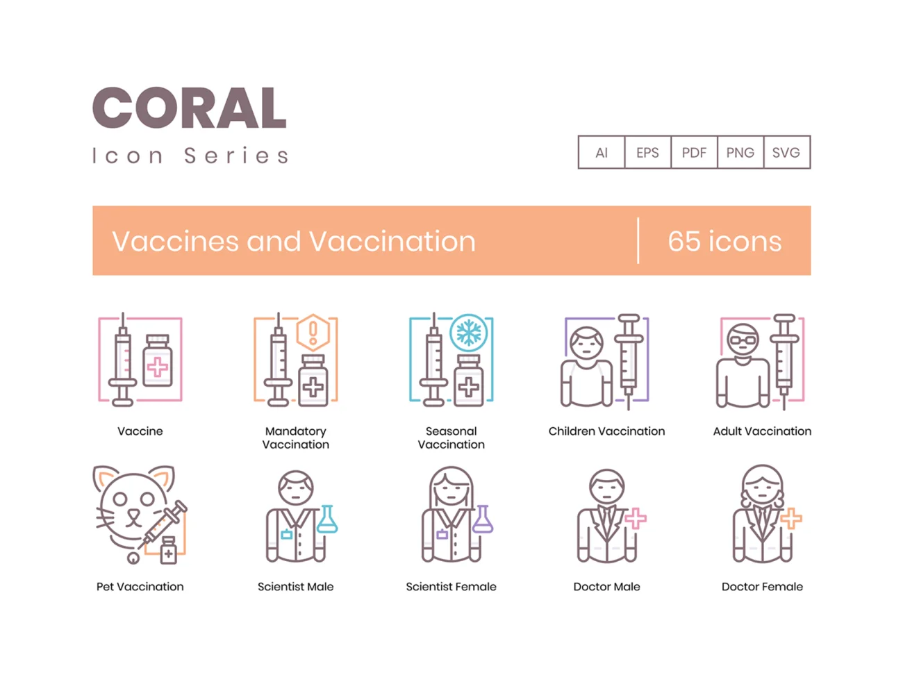 65个病毒疫苗接种图标珊瑚色系类 65 Vaccines and Vaccination Icons  Coral Series插图1