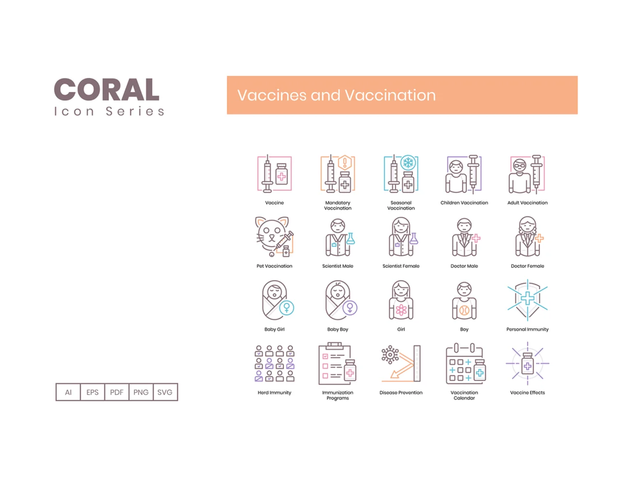 65个病毒疫苗接种图标珊瑚色系类 65 Vaccines and Vaccination Icons  Coral Series插图3