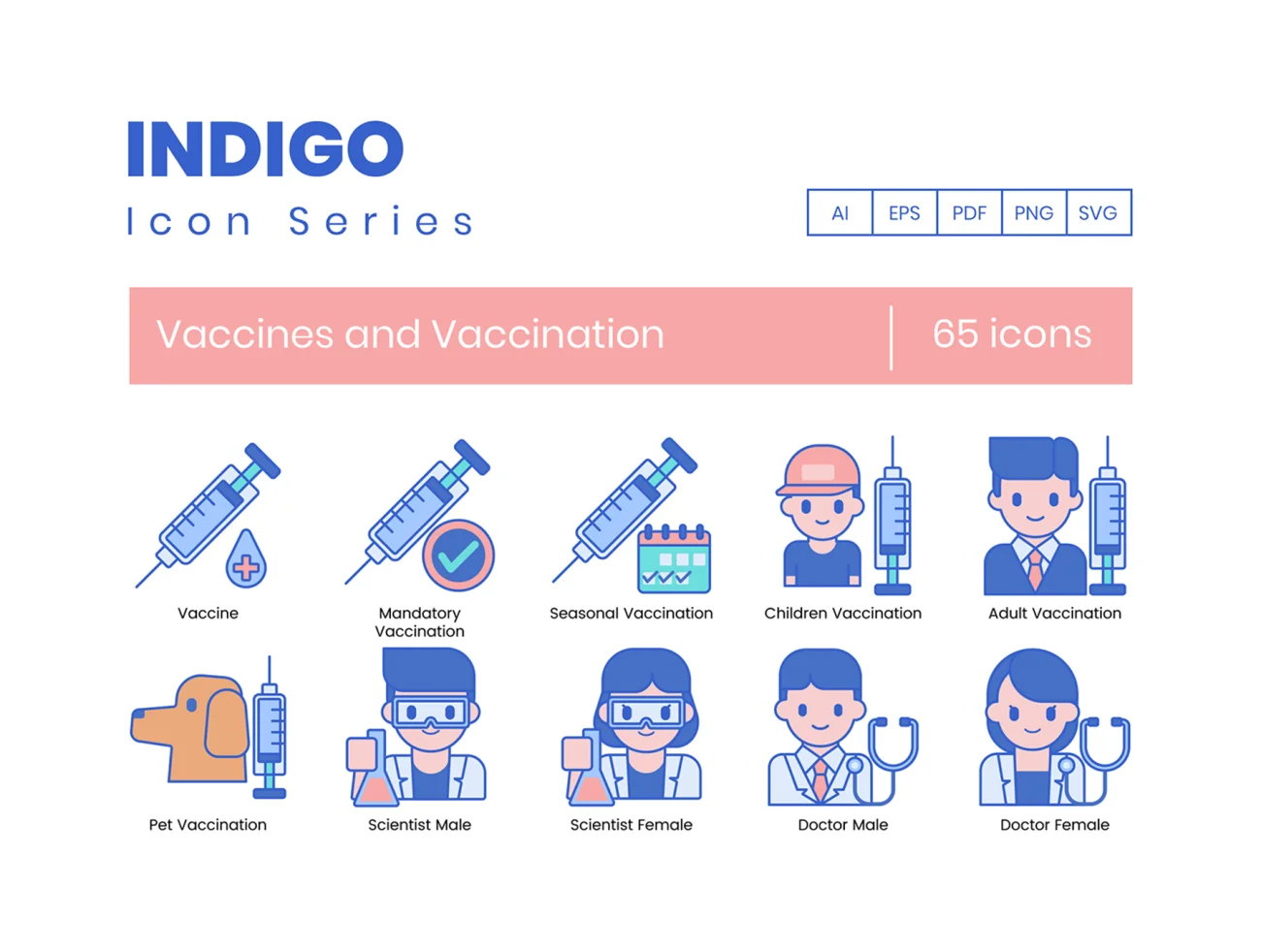 65个病毒疫苗接种图标靛蓝系列 65 Vaccines and Vaccination Icons  Indigo Series插图1