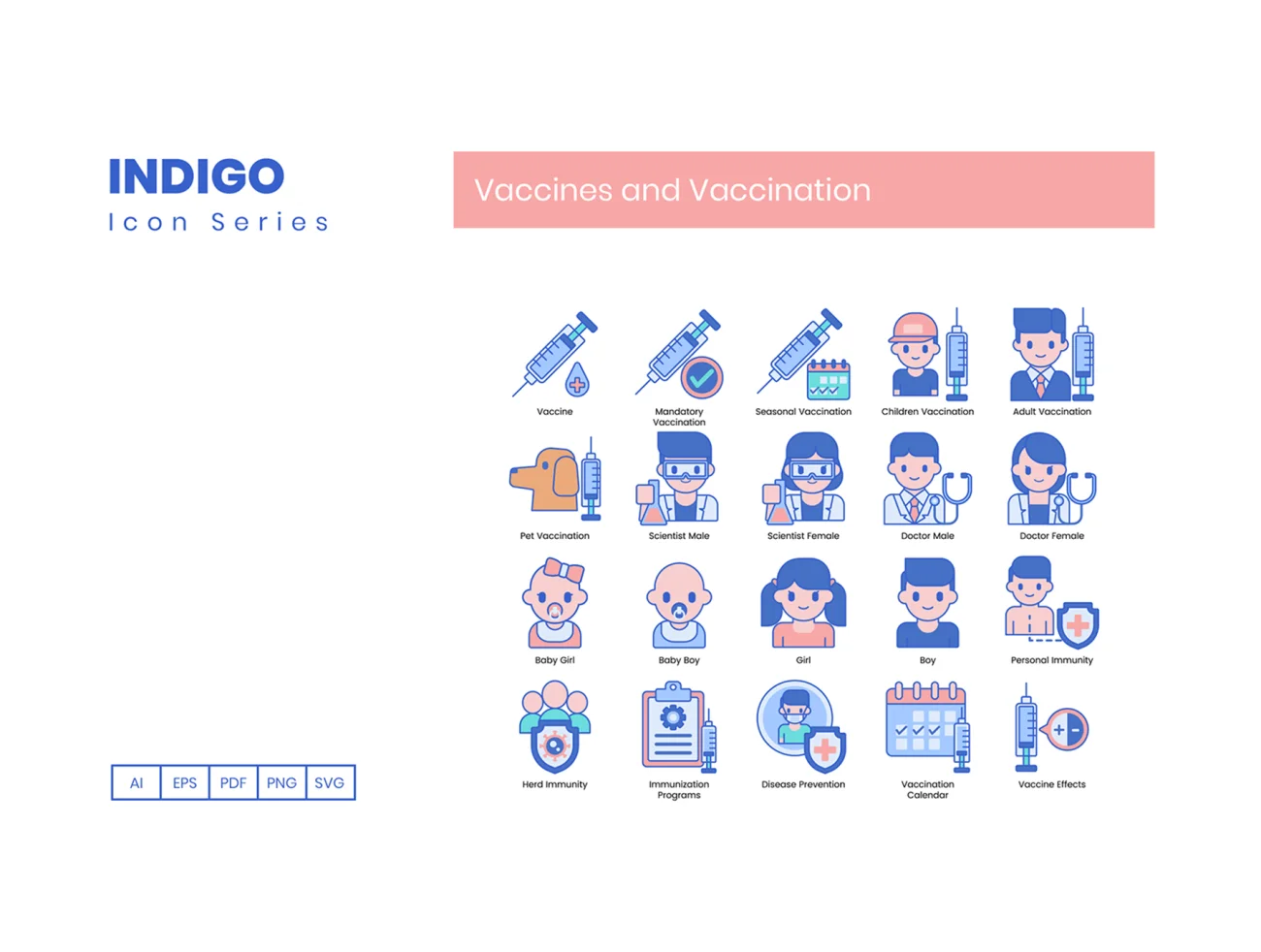 65个病毒疫苗接种图标靛蓝系列 65 Vaccines and Vaccination Icons  Indigo Series插图3