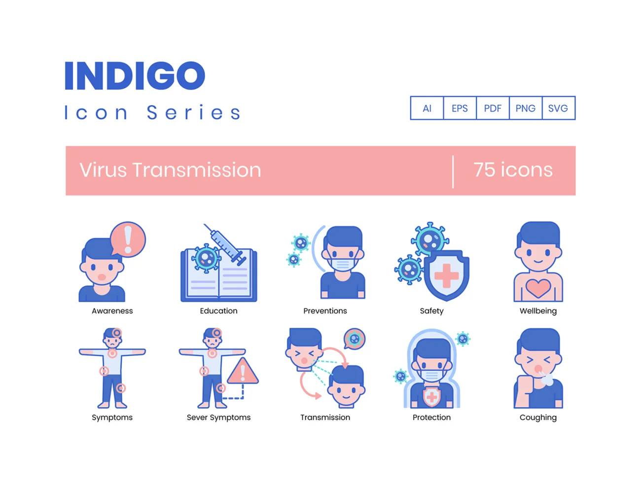 75个病毒传播图标靛蓝系列 75 Virus Transmission Icons  Indigo Series插图1