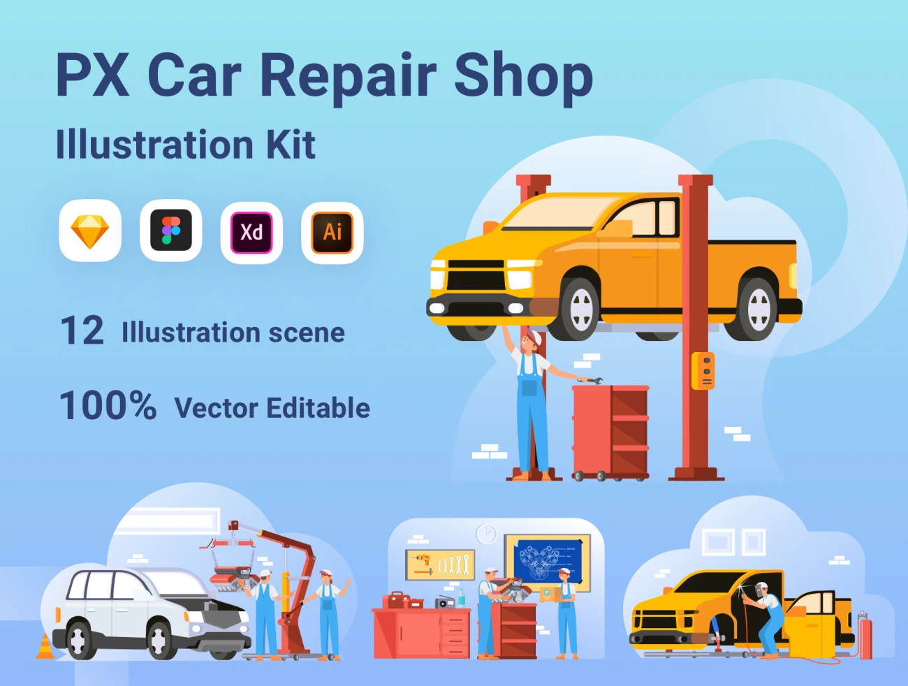 12款汽车维修场景3D矢量插图合集 Car Repair Shop PX插图1