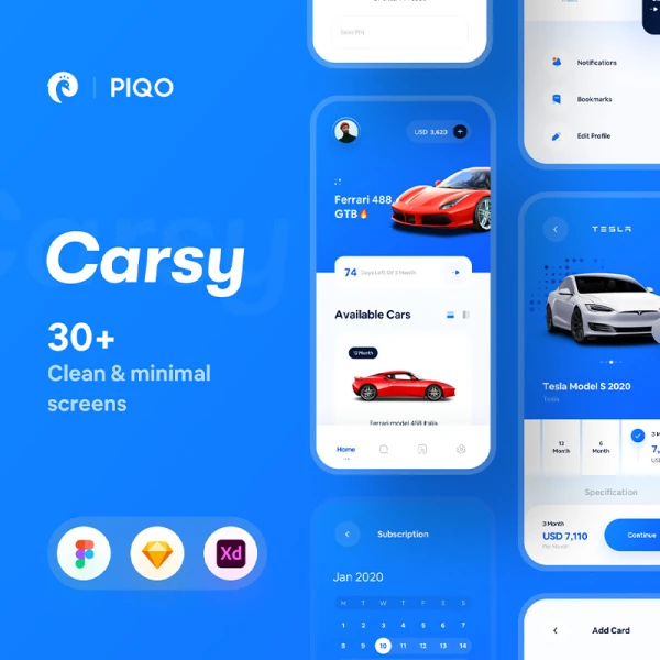 30屏卡片式汽车销售租赁平台应用UI设计套件 Carsy UI Kit