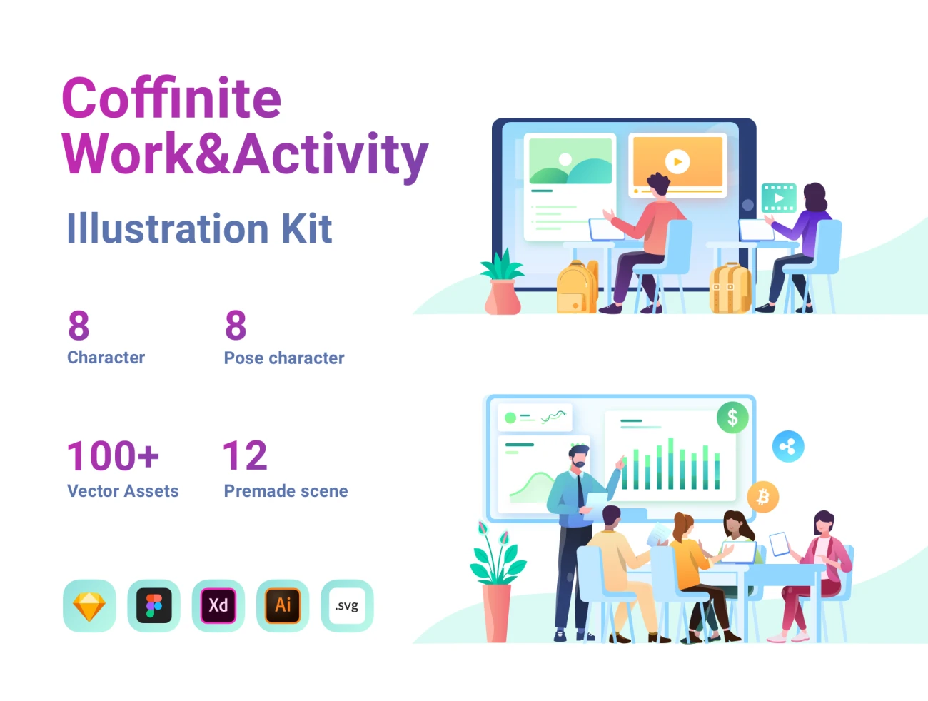 100多款工作生活场景扁平化简化2D插图包 Coffinite Work & Daily Activity Illustration Kit插图1