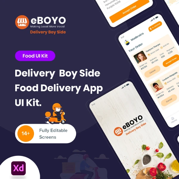 14屏美食点餐网购产品物流快递配送应用UI设计套件 eBOYO Delivery View - Ecommerce Product Delivery UI Design Template