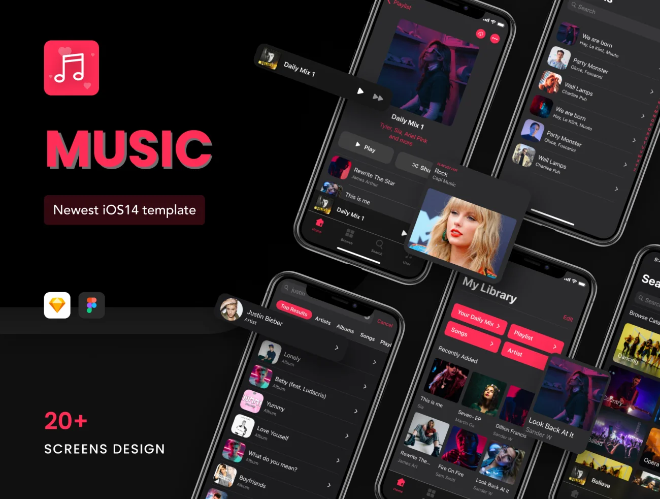 20屏深色高质量音乐应用IOS 14 UI设计模板 GLORIES – Music App IOS 14 UI Design Template插图1