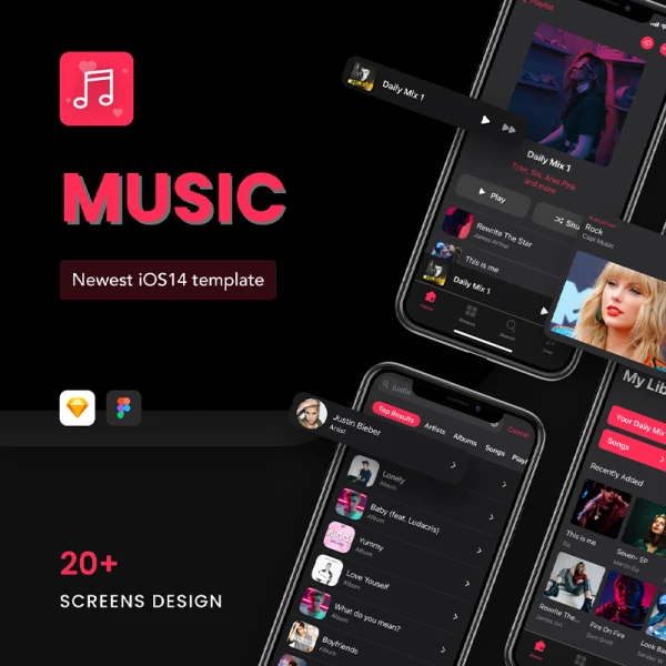 20屏深色高质量音乐应用IOS 14 UI设计模板 GLORIES - Music App IOS 14 UI Design Template