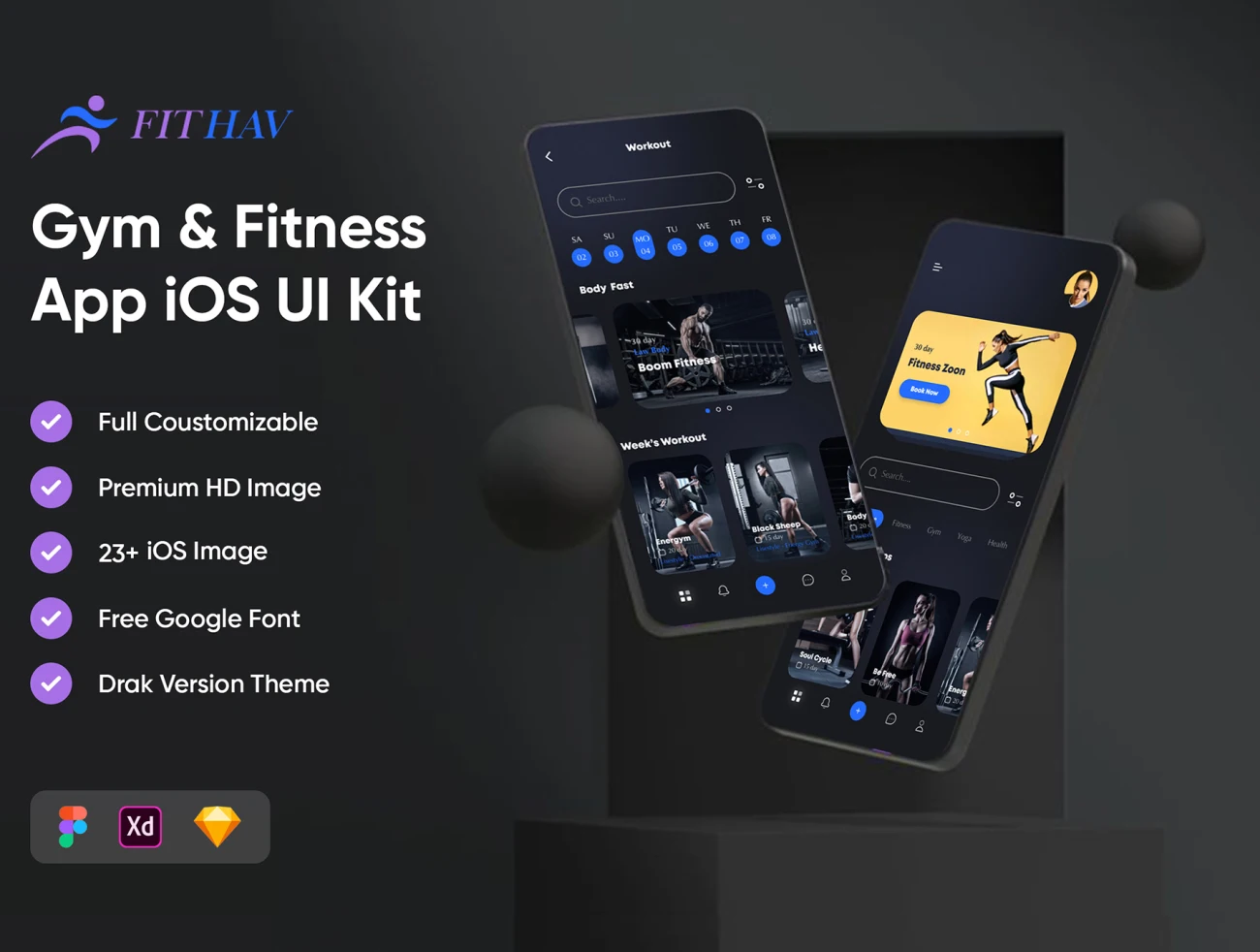 23屏深色时尚运动健身房iOS应用UI设计套件 Gym & Fitness App iOS UI Kit插图1