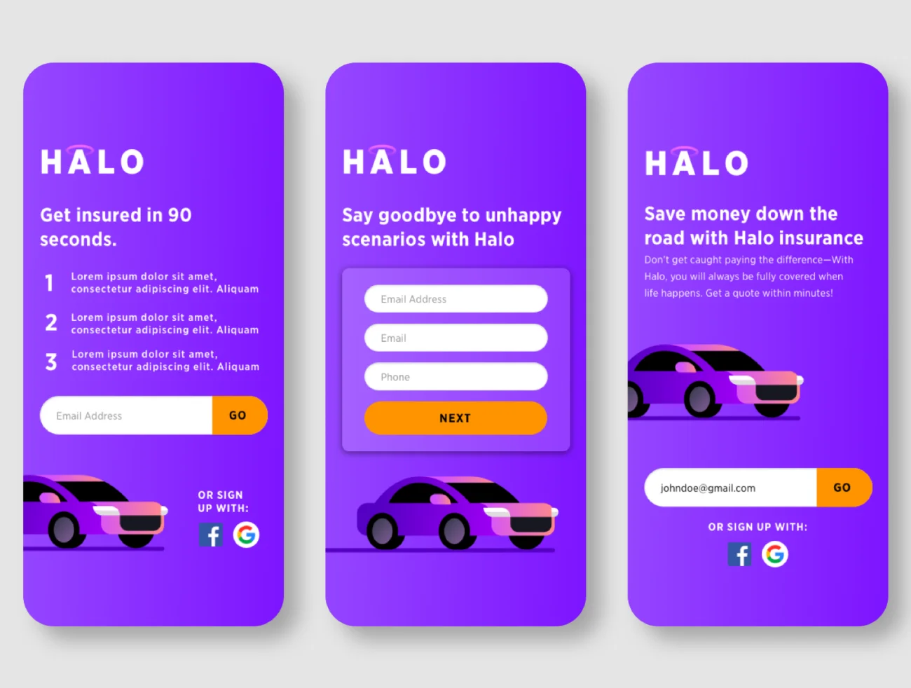 30屏简洁现代汽车保险应用设计套件 Halo – Auto Insurance UI Kit插图3