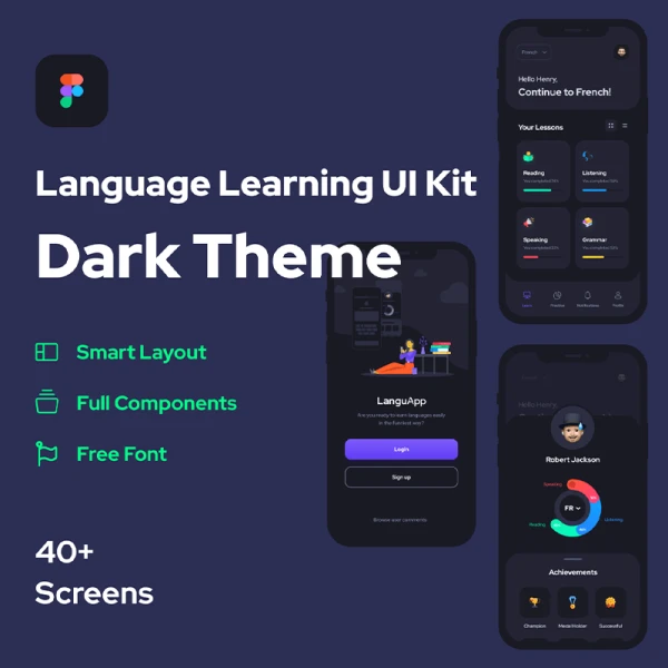 40屏高质量IOS深色语言学习应用UI设计套件 Language Learning App (Dark Theme)