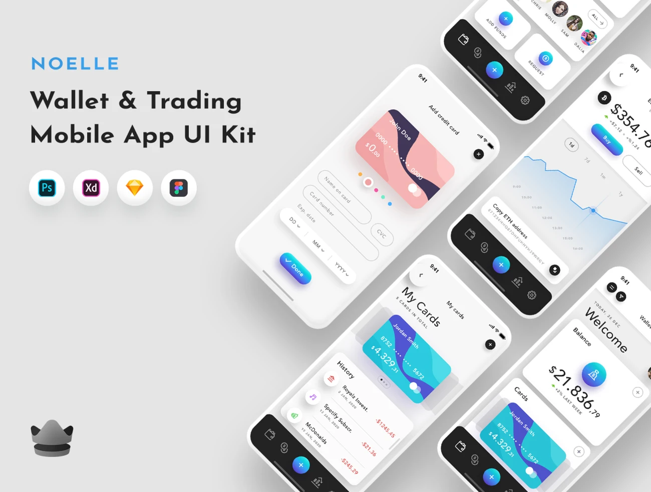 60屏250+精美钱包元素电子货币金融交易用户界面工具包 Noelle App UI Kit插图1