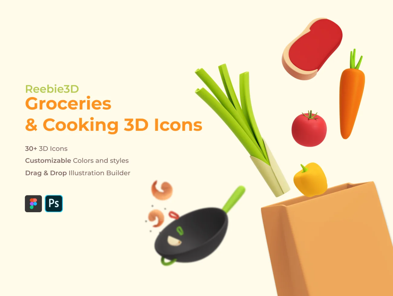 30款蔬菜水果烹饪食品3D图标 Reebie 3D Groceries & Cooking Pack插图1