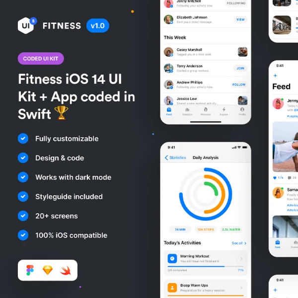 20屏适用于iOS 14的运动健身应用UI设计模板 Swift Fitness iOS 14 App Kit 血压数据监控