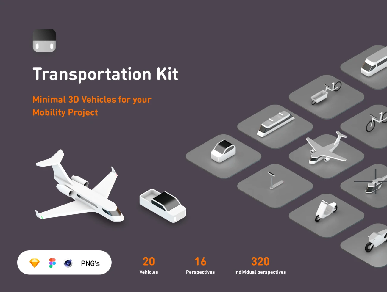 20款简约3D交通工具汽车大巴飞机摩托模型图标套件 Transportation Kit插图1