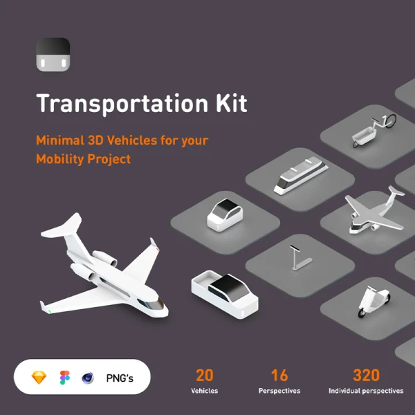 20款简约3D交通工具汽车大巴飞机摩托模型图标套件 Transportation Kit