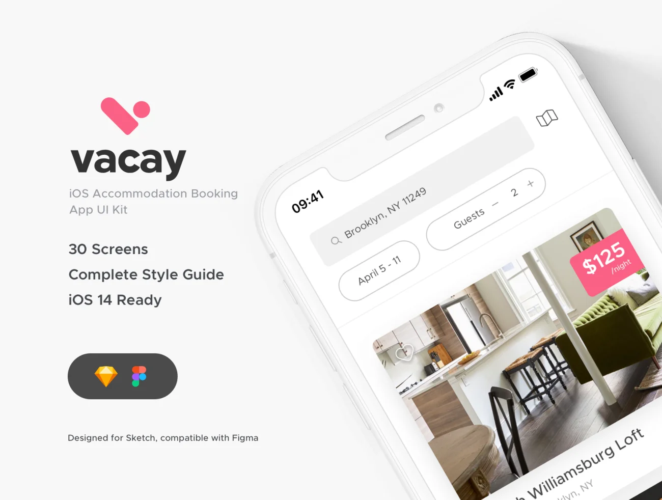 30屏iOS 14酒店民宿住宿预订应用UI套件 Vacay Accommodation Booking UI Kit插图1