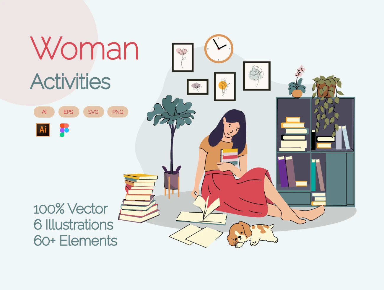 6款居家女性工作生活阅读撸猫旅行聚会场景矢量插图 Woman Activities Illustration插图1
