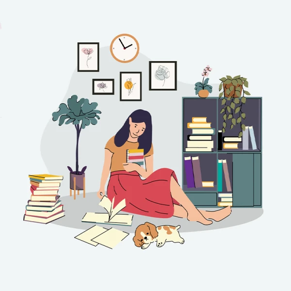 6款居家女性工作生活阅读撸猫旅行聚会场景矢量插图 Woman Activities Illustration