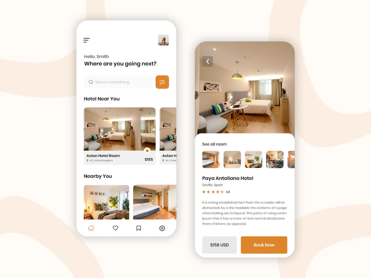 酒店房间预订手机应用UI界面设计素材 online hotel room booking mobile app ui插图1