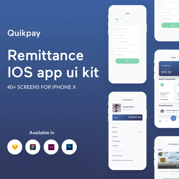 40屏手机汇款转账ios应用UI设计套件 quikpay remittance ios app ui kit