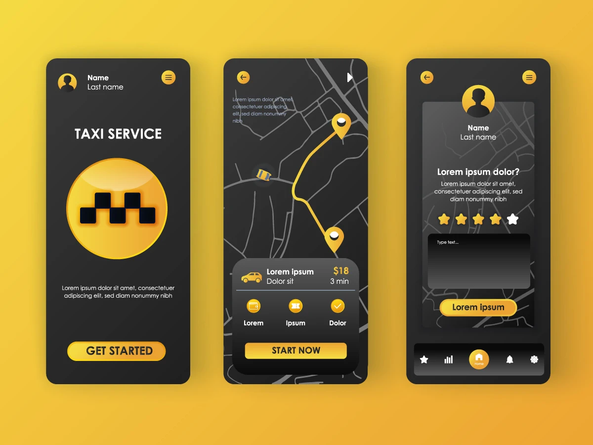 深色打车租车应用UI设计模板 taxi service unique neomorphic kit for app-UI/UX、地图、应用、预订-到位啦UI