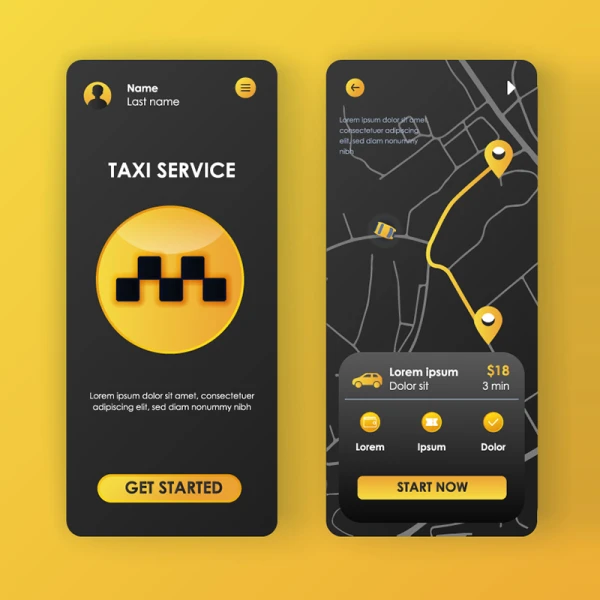 深色打车租车应用UI设计模板 taxi service unique neomorphic kit for app