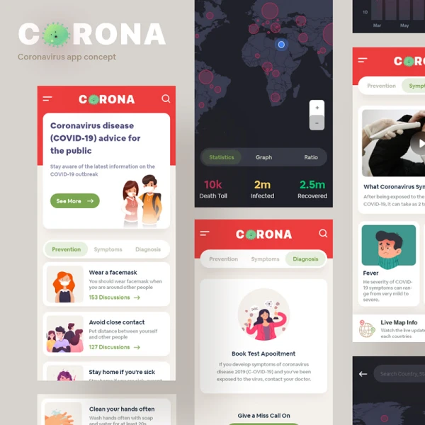 预防冠状病毒安全防护应用设计界面设计corona virus app concept ui kit