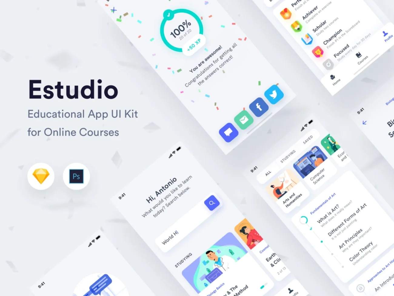 在线教育网课应用ui设计套件e-studio educational mobile app ui kit插图1