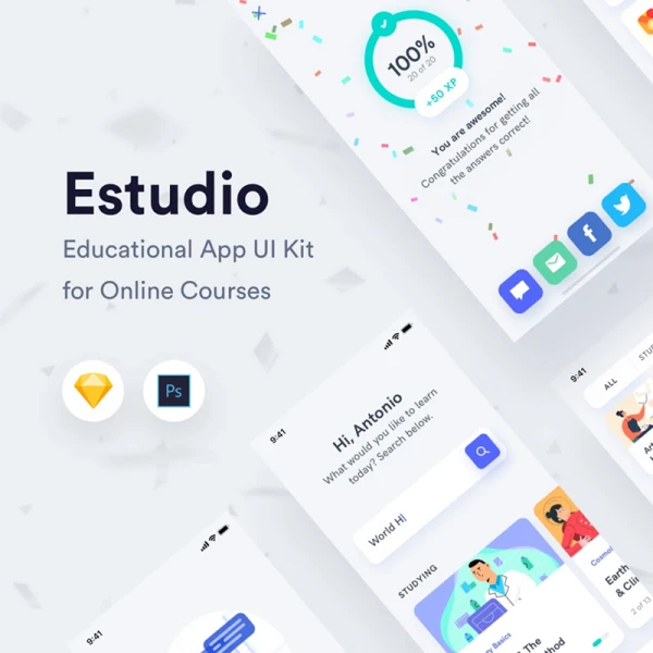 在线教育网课应用ui设计套件e-studio educational mobile app ui kit