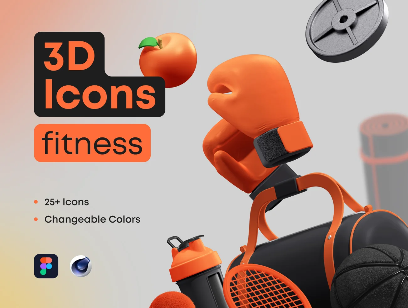 25个运动健身器械设备体育3D图标 3D Icons Pack – Fitness插图1