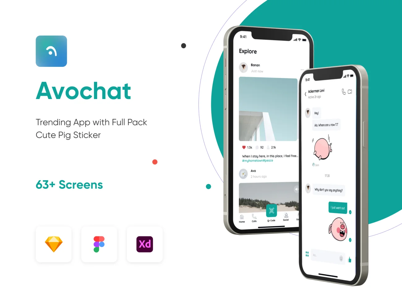 63屏流行社交应用UI套件包含可爱小猪贴纸表情包 Avochat Social App UI Kit插图1
