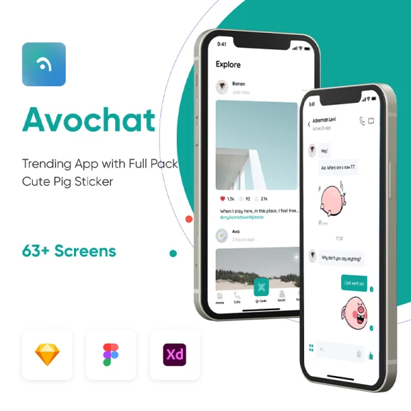 63屏流行社交应用UI套件包含可爱小猪贴纸表情包 Avochat Social App UI Kit