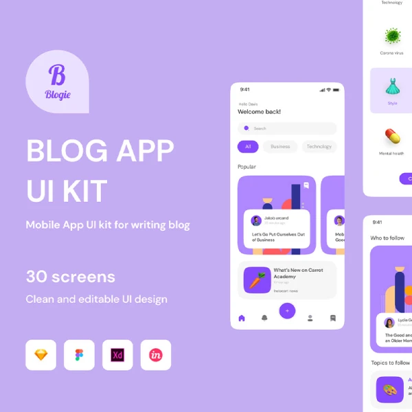 30屏手机博客应用UI界面设计套件 Blogie - Blog Apps UI KIT