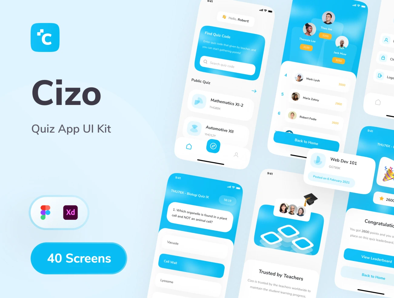 40屏考试测验摸底考试应用设计套件 Cizo – Quiz App UI Kit插图1