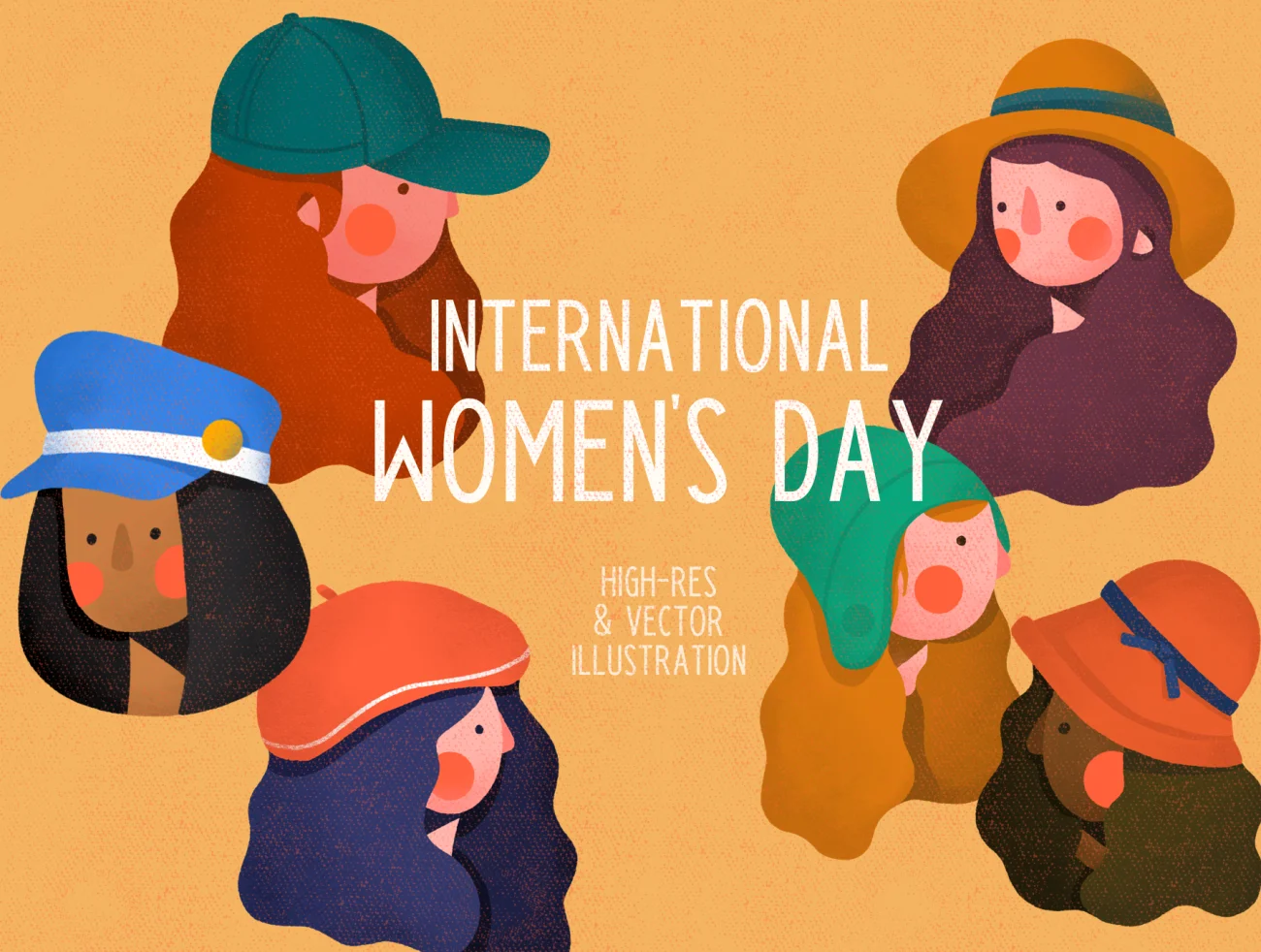 三八妇女节多个戴帽子可爱女生卡通角色矢量插画合集 International Women’s Day Illustration插图1