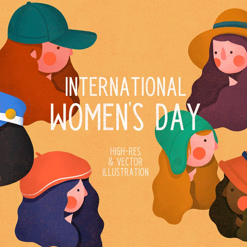 三八妇女节多个戴帽子可爱女生卡通角色矢量插画合集 International Women's Day Illustration缩略图到位啦UI