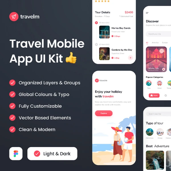 24屏旅行线路景点旅行社自助游应用Ui设计套件 Travel App UI Kit