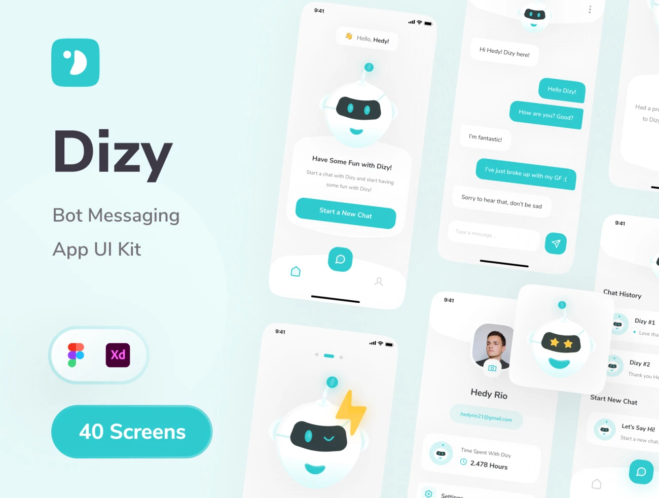 40屏人机交互聊天机器人应用设计套件 Dizy – Bot Messaging App UI Kit插图1
