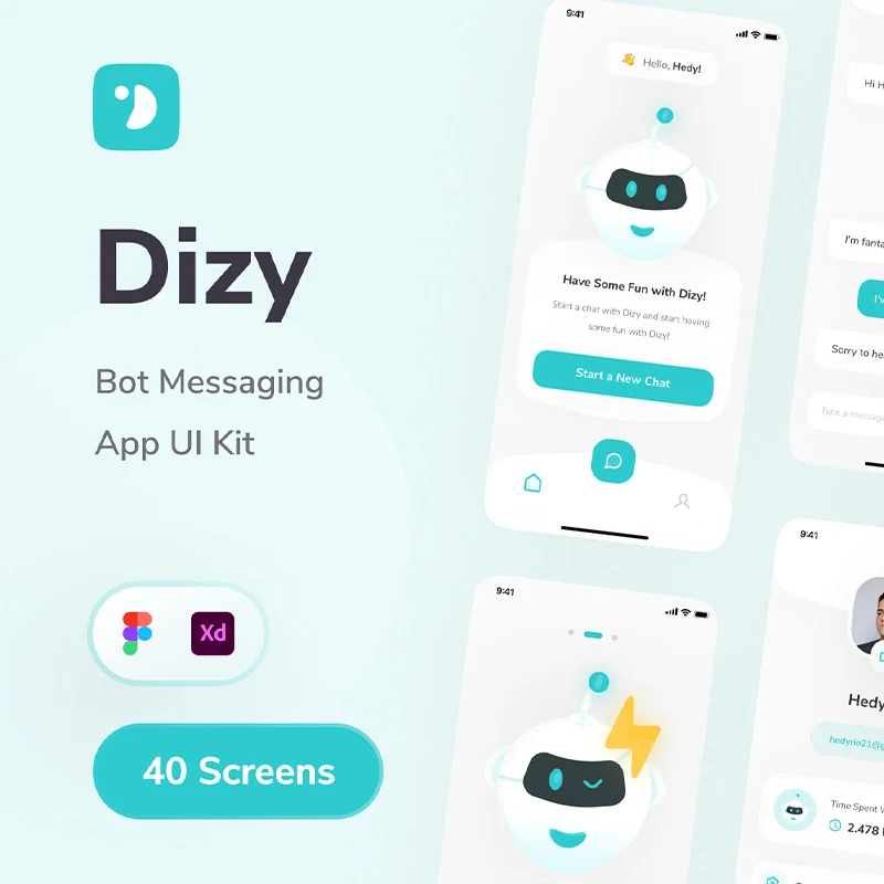 40屏人机交互聊天机器人应用设计套件 Dizy - Bot Messaging App UI Kit缩略图到位啦UI
