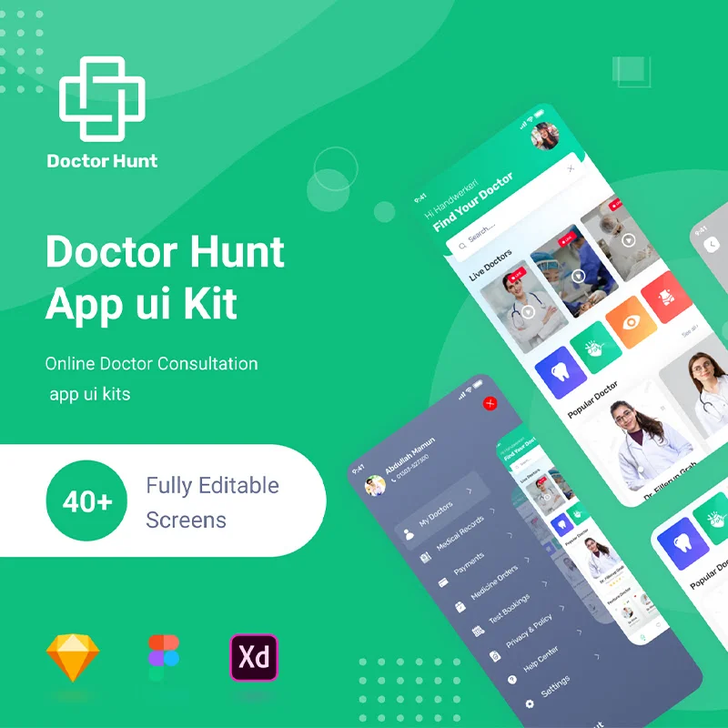42屏医院在线专家挂号家庭医生健康顾问应用设计套件 Doctor hunt - Doctor Consultant Mobile App缩略图到位啦UI
